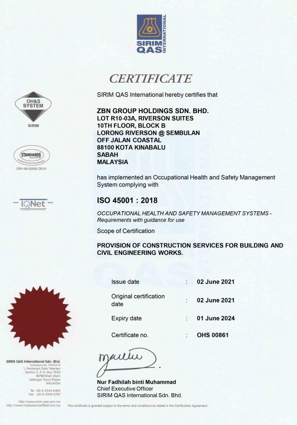 ISO 45001 : 2018 – OCCUPATIONAL HEALTH AND SAFETY MANAGEMENT SYSTEM – SIRIM QAS INTERNATIONAL