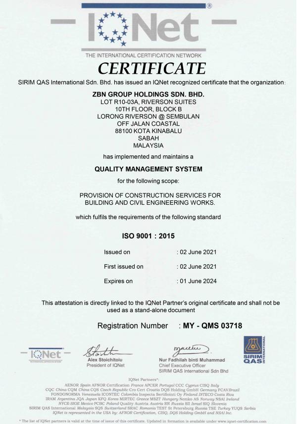 ISO 9001 : 2015 – QUALITY MANAGEMENT SYSTEM, IQNET (THE INTERNATIONAL CERTIFICATION NETWORK)