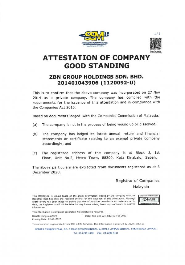 Attestation Of Company Good Standing