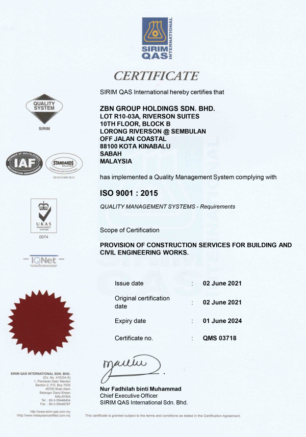 ISO 9001 : 2015 – QUALITY MANAGEMENT SYSTEM, SIRIM QAS INTERNATIONAL