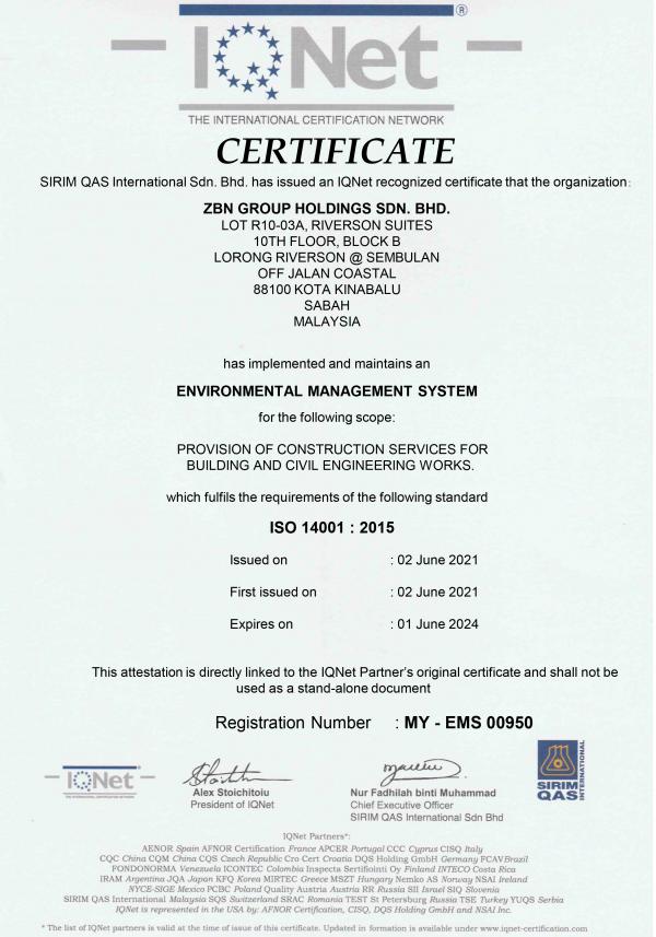 ISO 14001 : 2015 – ENVIRONMENTAL MANAGEMENT SYSTEM, IQNET (THE INTERNATIONAL CERTIFICATION NETWORK)